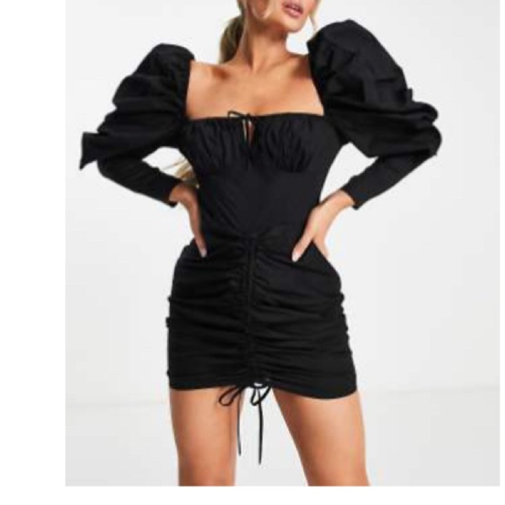 ASOS LUXE Black Puff Sleeve Ruched Mini Dress